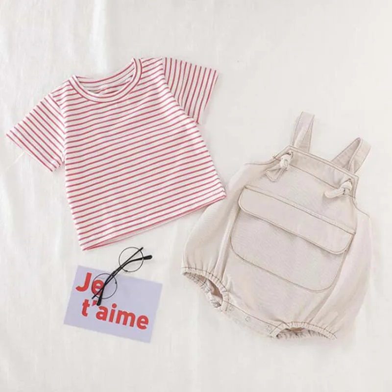 2020 Naujų korėjos Japonija Stiliaus Bamblys Kūdikių Berniukų, Mergaičių Drabužiai Tiktų Dryžuotas marškinėliai+Kaubojus Jumpsuit Kūdikių Mergaičių Drabužių Rinkiniai