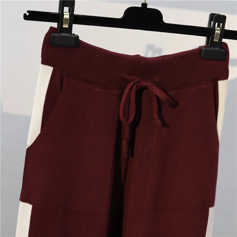 2020 m. Rudenį Moterų Megzti Megztinis Kostiumas ilgomis Rankovėmis Marškinėlius, Kelnes Dviejų dalių Didelio Dydžio Prarasti Atsitiktinis Ruožas moteriški Drabužiai