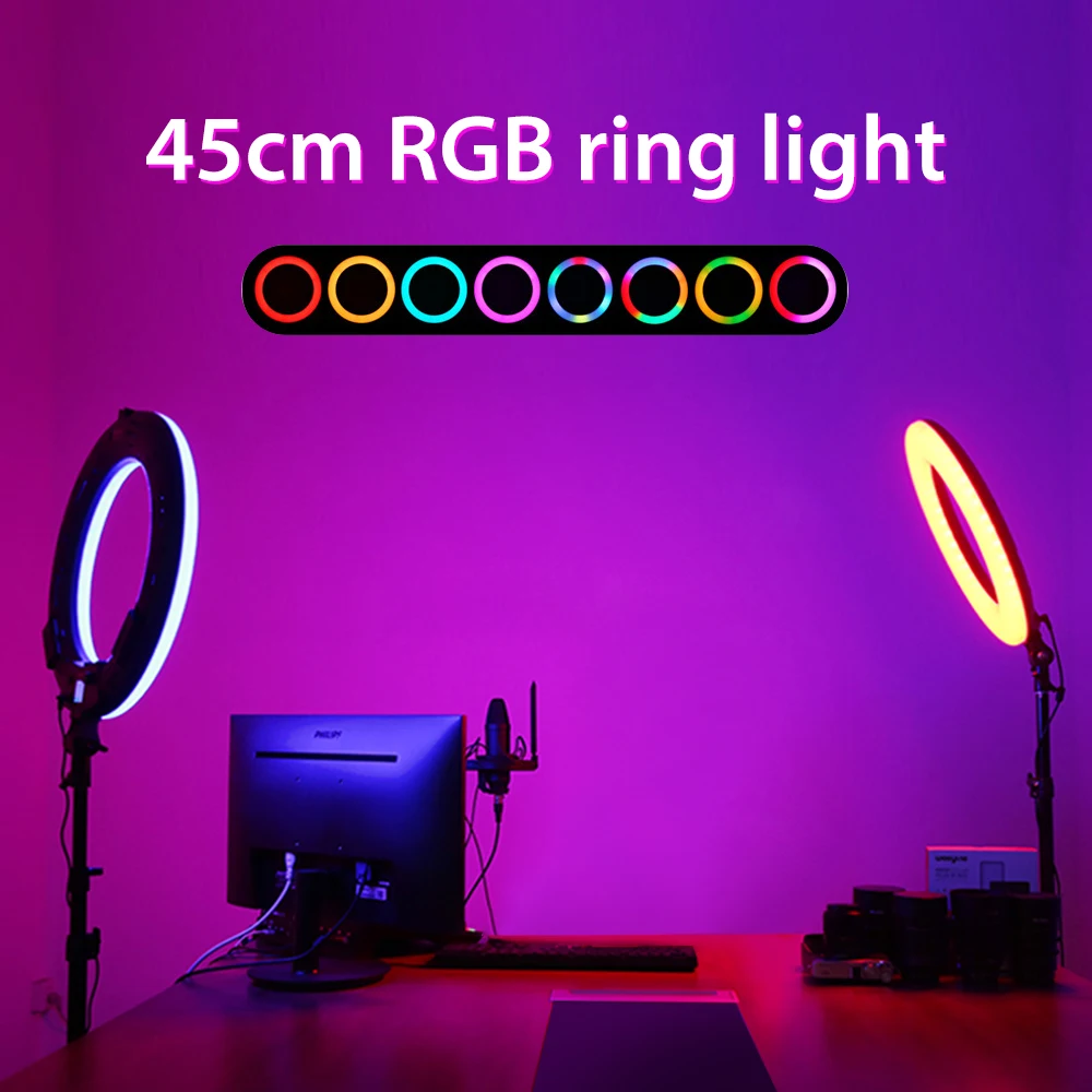 45cm 18inch RGB Rainbow Ring, Šviesos, šviesos srautą galima reguliuoti Vaizdo Žibintai Selfie Lempa Su 3 Telefono Įrašą Turėtojas Fotografija Apšvietimo Gyventi Vlog