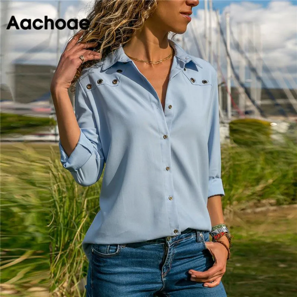 Aachoae Moterų Viršūnių Palaidinės 2020 M. Pavasarį Grynas Ilgomis Rankovėmis Palaidinė Marškinėliai Pasukite Žemyn Apykaklės Šifono Palaidinė Office Marškinėliai Blusas Camisa