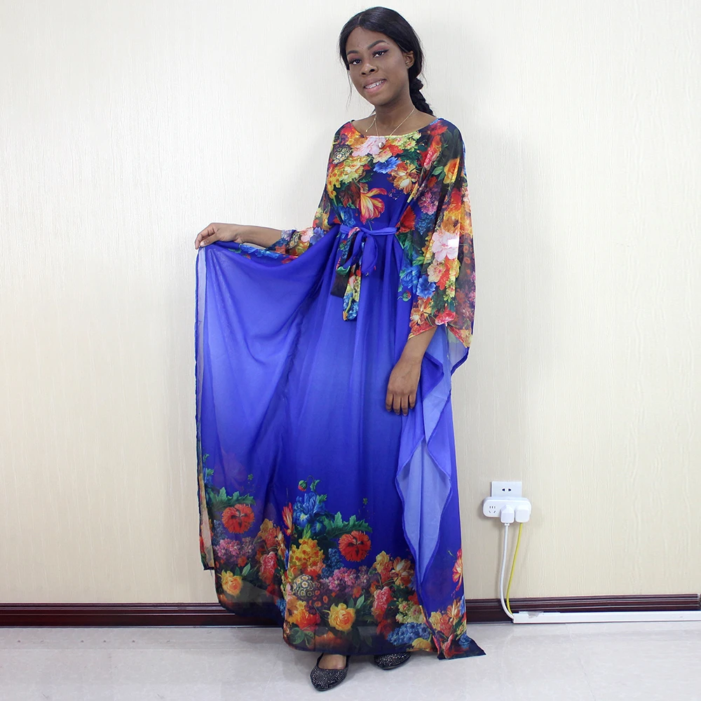 Afrikos Dashiki Mėlynos Spalvos Šifono Gėlių Modelio Spausdinami Mados Elegantiškas, Seksualus, Moterų Suknelės