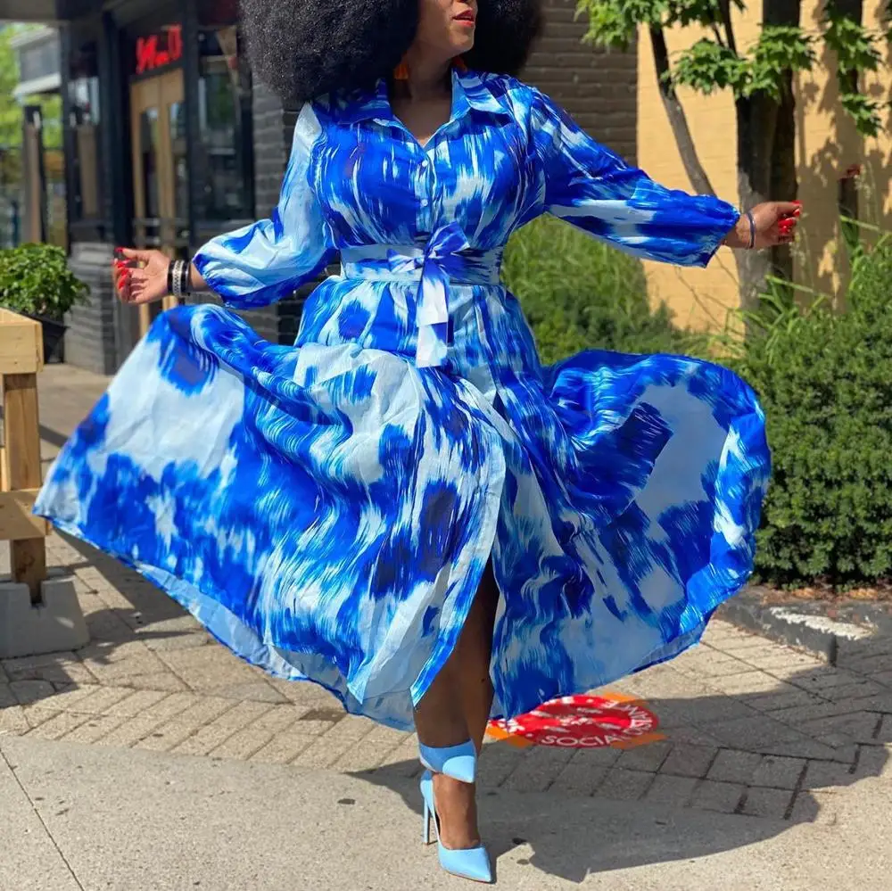 Afrikos Moterys didelio Dydžio, Suknelė 4xl 5xl Blue Print Long Sleeve Rudenį Vieną Krūtinėmis Aukšto Juosmens 2020 Elegantiška Suknelė Vakare Šalis