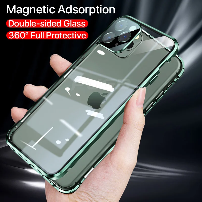 Aikštės Krašto Metalo Bamperis Dvipusis Stiklo Atveju iPhone, 12 mini Pro Max X Xr Xs Max Prabanga Magnetinio Pilną Apsauginį Dangtelį