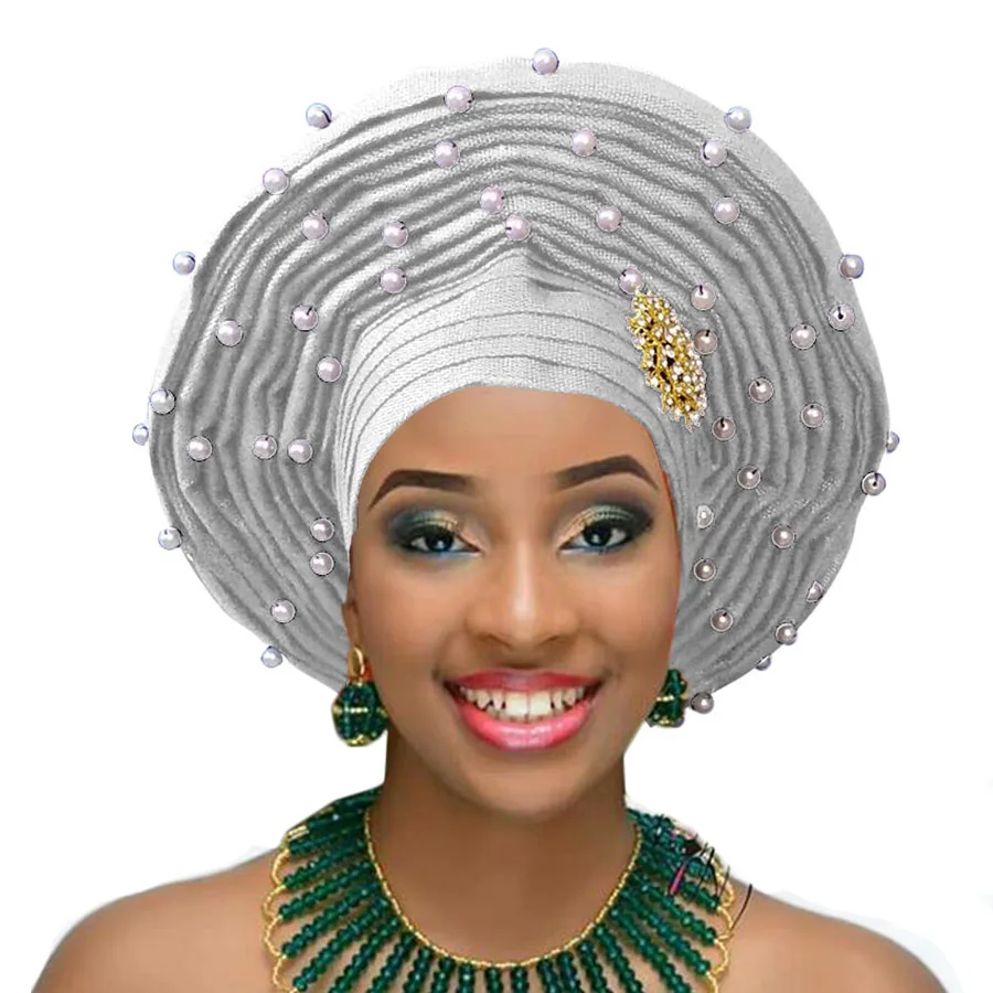 Aso oke headtie moters vestuvių auto gele su perlų afrikos headtie vestuvių galvos apdangalai 2018