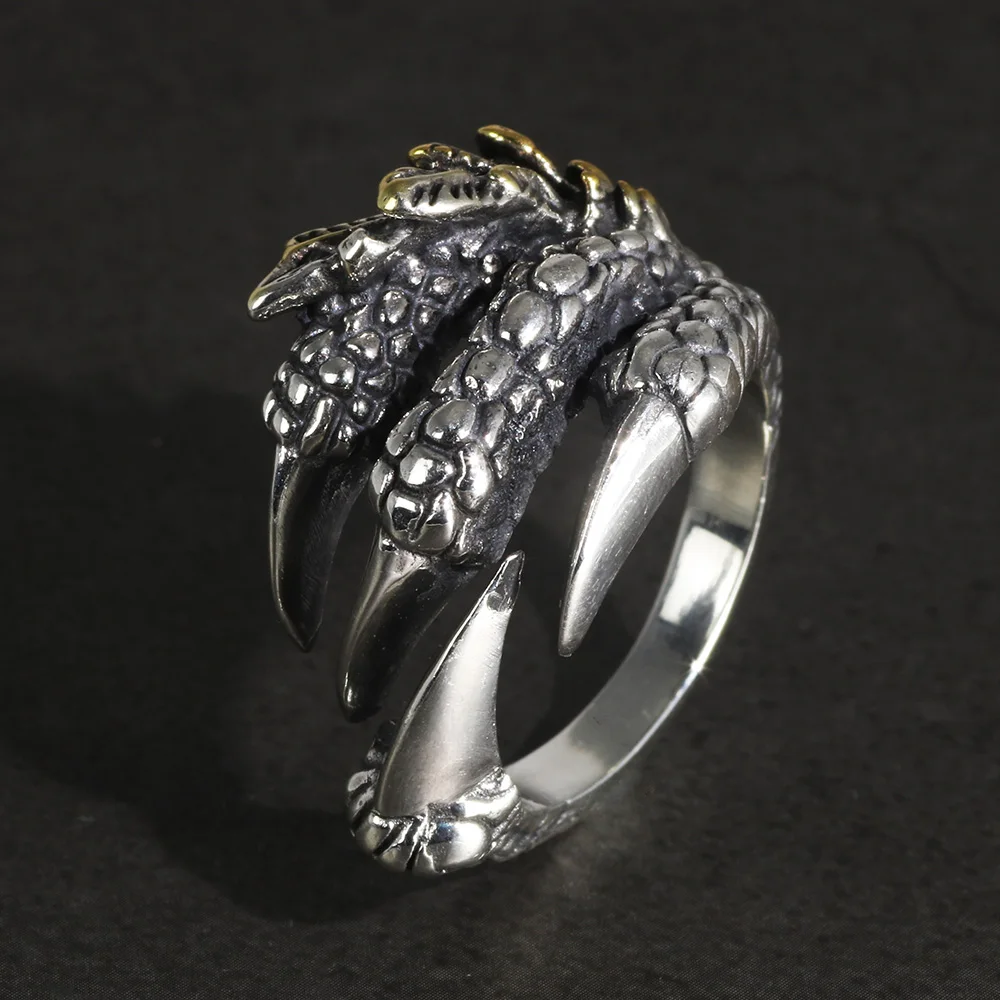 Autentiškas 925 Sterling Silver Dragon Claw Žiedai Vyrams Derliaus Punk Rock Mens Fine Jewelry