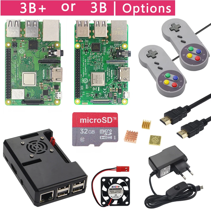 Aviečių Pi 3 Modelis B+ Plius Žaidimas Starter Kit +16G 32G, SD Kortelė + Gamepad + Case +Ventiliatorius + Elektros +Šilumos Kriaukle +HDMI Kabelis RetroPie