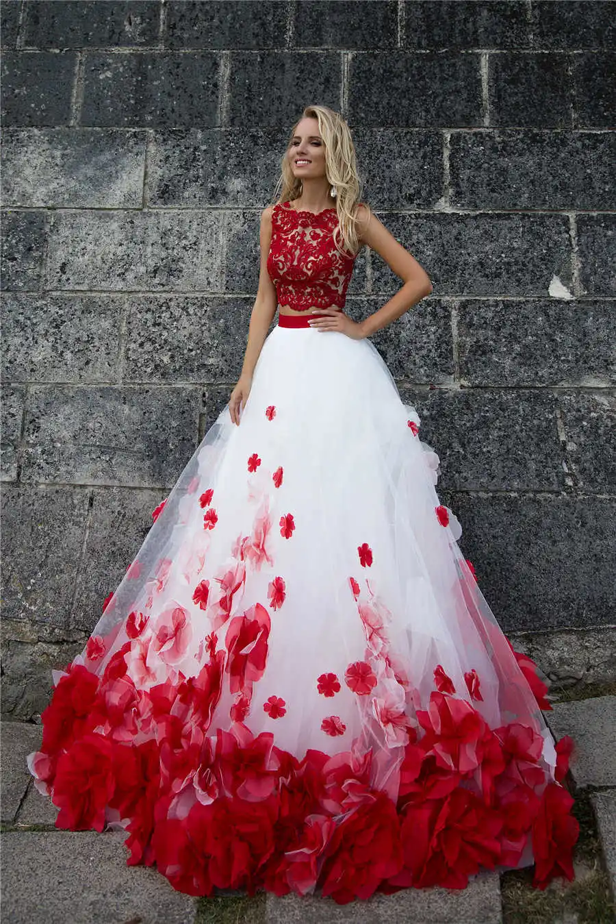 Bohemijos Gėlės Baltos Raudonos Nėrinių Bakas Vestuvių Suknelės Dviejų Dalių Paplūdimio Vestuvių Suknelės, Vestuvių Suknelė Romantiška Mygtuką