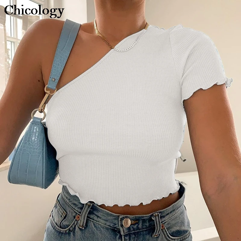 Chicology knite vieną petį T-shirt, derliaus viršų seksuali moteris casul 2020 metų vasaros marškinėliai trumpomis rankovėmis, ponia, elegantiškas drabužių streetwear