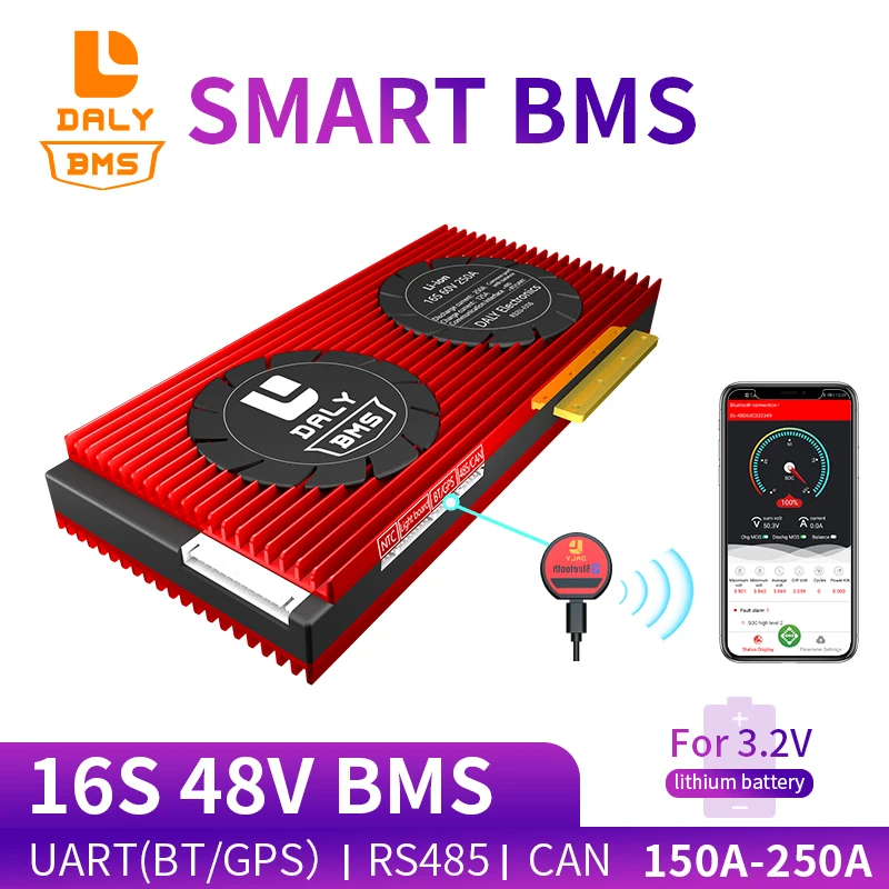 Daly Smart BMS 16S LiFepo4 48V Akumuliatoriaus 150A 200A 250A Bluetooth+485 į USB prietaisą +GALI+NTC +UART Elektrinių Automobilių E-Dviratis, Motoroleris