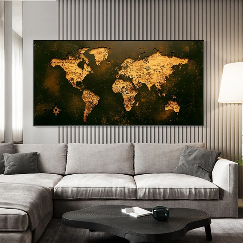 Derliaus Golden Pasaulio Žemėlapyje, Drobė, Tapyba ant Sienų, Menas, Plakatų ir grafikos Didelis Žemėlapis Dekoratyvinis Nuotraukos Kambarį Dekoro