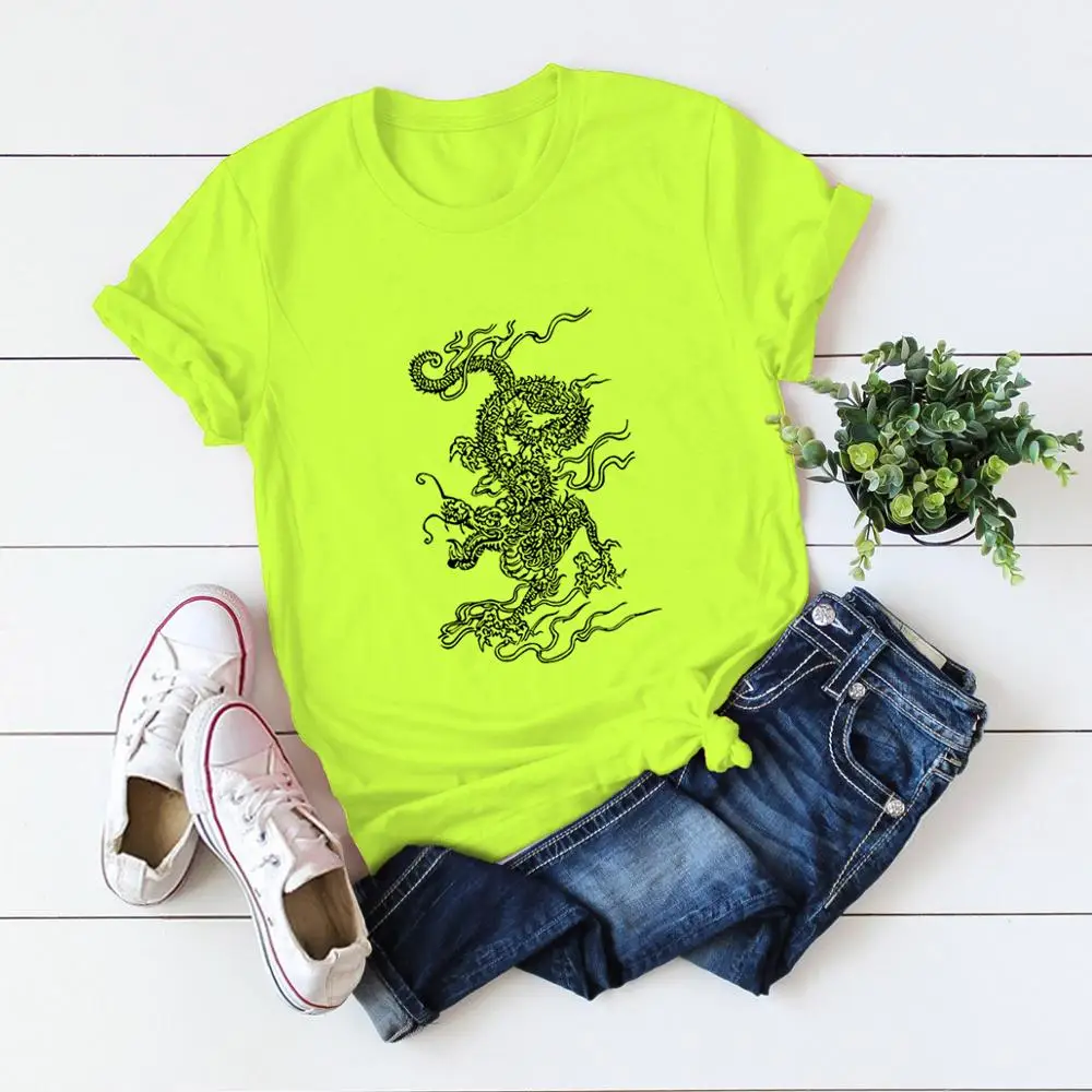 Estetinės Medvilnės Marškinėliai Moterims Harajuku Tees Marškinėliai Femme stiliaus Kinijos drakonas spausdinti moteriški marškinėliai Prarasti didelio dydžio Marškinėlius Viršūnės