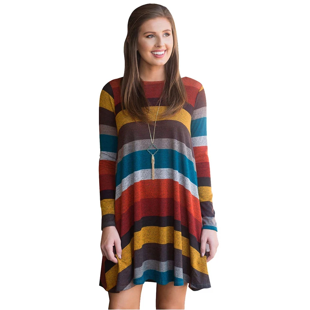 Europos ir Amerikos karšto pardavimo moterų rudenį ir žiemą karšto stiliaus plati spalvų dryžuotas ilgomis rankovėmis suknelė