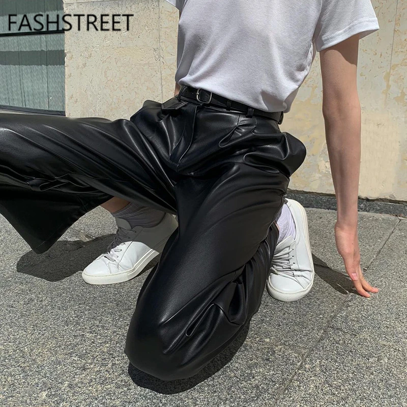 FASHSTREET Juoda Aukšto Juosmens Minkštos PU Odos Pločio Kojų Kelnės Moterims Prarasti Kišenės, Tiesios Kelnės Atsitiktinis Komplektus Streetwear