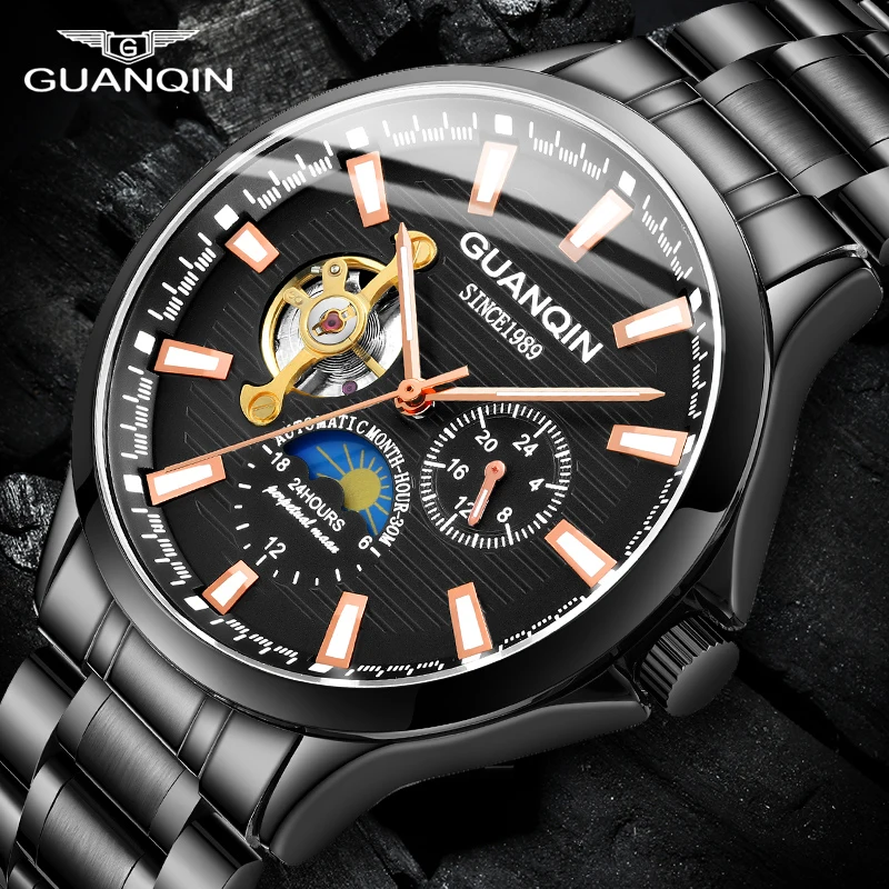 GUANQIN Tourbillon mechaninė vyriški laikrodžiai top brand vandeniui laikrodis vyrams, verslo automatinis analoginis žiūrėti relogios masculino