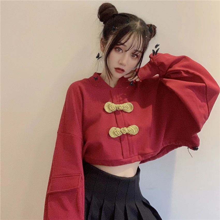 Gothic Punk Moterys Juoda Hoodies Harajuku Streetwear Merginos Negabaritinių Apkarpytos Palaidinukė Vintage Stiliaus Kinijos 90s Raudonas Megztinis