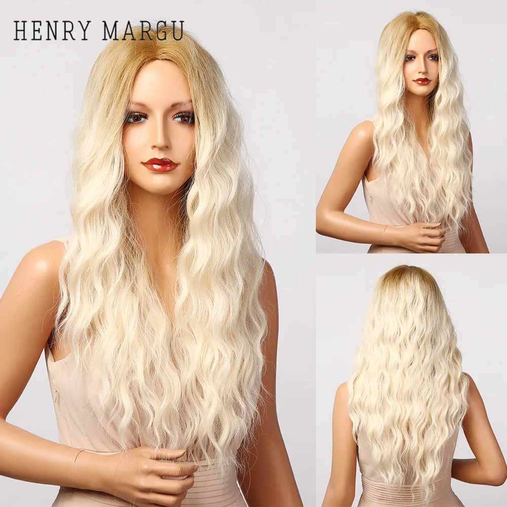 HENRY MARGU Cosplay Golden Blonde Balta Ombre Perukai Ilgas Garbanotas Sintetinis Perukas Moterų Afro Vidurį Aukštos Temperatūros Plaukų