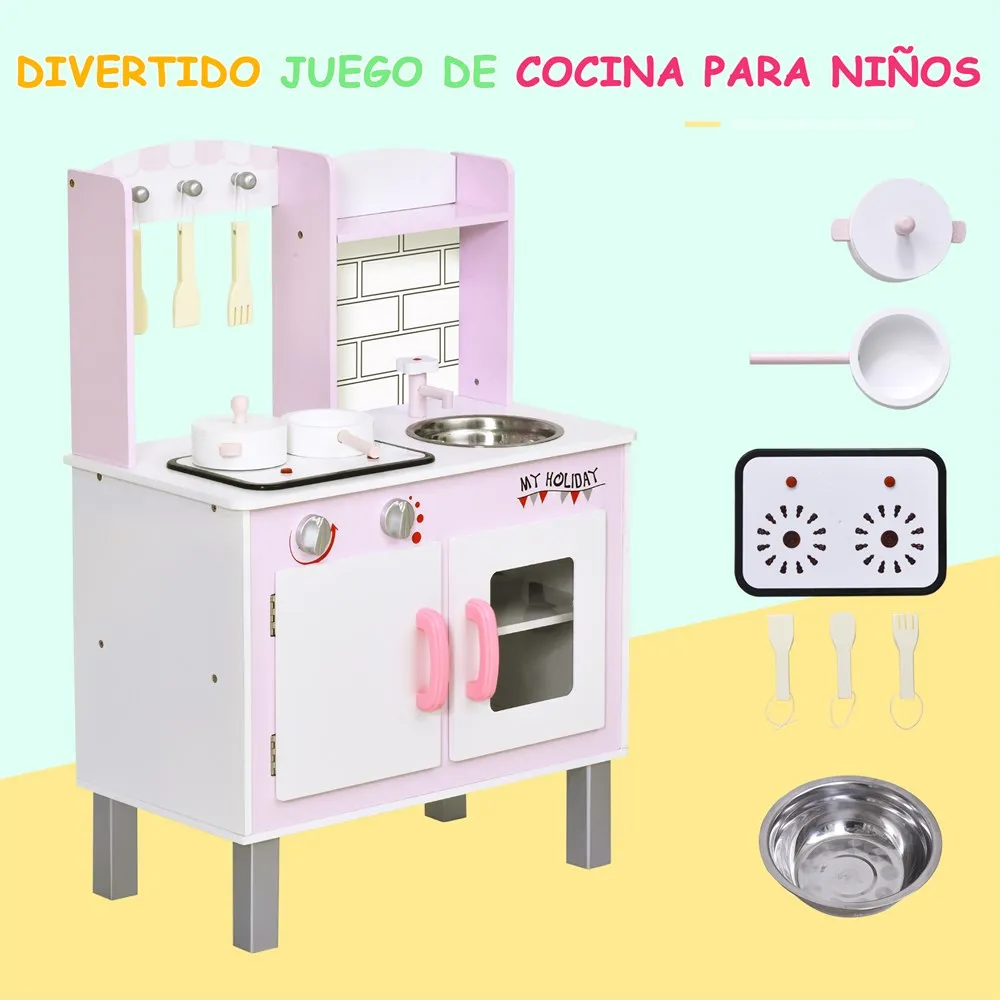 HOMCOM cocinite žaislas su garsu funkcija spinta kabliukai vaikai virtuvės švietimo + 3 metų Medienos 55x30x80 cm, rožinė
