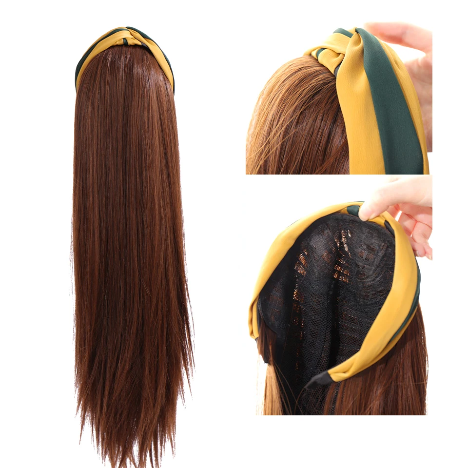 HUAYA ilgųjų Bangų Banguoti Sintetinių Plaukų Perukas Moterų, Gamtos Plaukai Priauginimui Skrybėlę Hairpiece Su Plaukų Juosta, Atsparus Karščiui Netikrą Plaukų