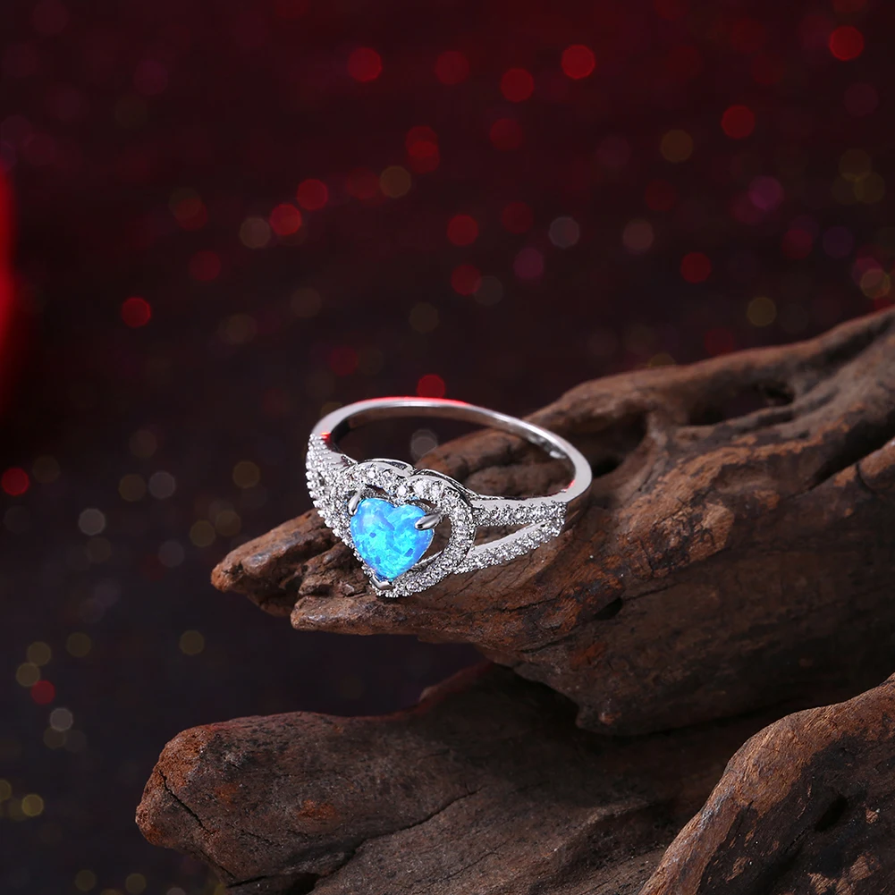 INALIS Romantiška Tuščiaviduriai Iš Širdies Balti Žiedai Moterų Kubinių Zirconia Ir Mėlynas Opalas Akmuo Jubiliejų Moterų Mados Žiedas Papuošalai