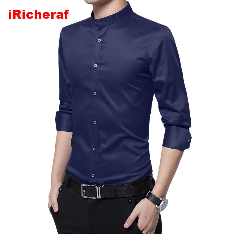 IRicheraf Stovėti Apykaklės Smokingas Marškinėliai vyriški Ilgio Rankovėmis Marškinėliai White Blue Black Smart Casual Socialinės Suknelė Marškiniai Plius Dydis 3XL 5XL