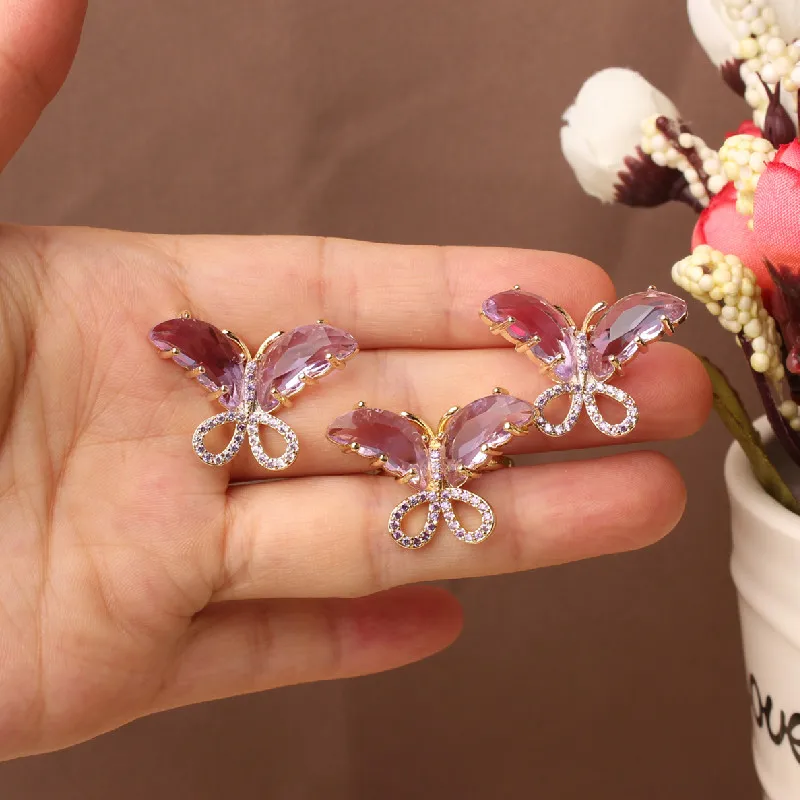 Japonija Korėja naujo dizaino bižuterijos išskirtinį nustatyti vario inkrustacijos cirkonis crystal butterfly auskarai atidarymo moterų prom žiedas