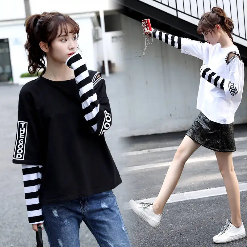 Japonijos Hip-Hop, T-marškinėliai Vyrams, Moterims, Juokinga Atsitiktinis ilgomis Rankovėmis Juostelės Harajuku Marškinėlius Streetwear Moterų Netikrą dviejų dalių T shirt Girls