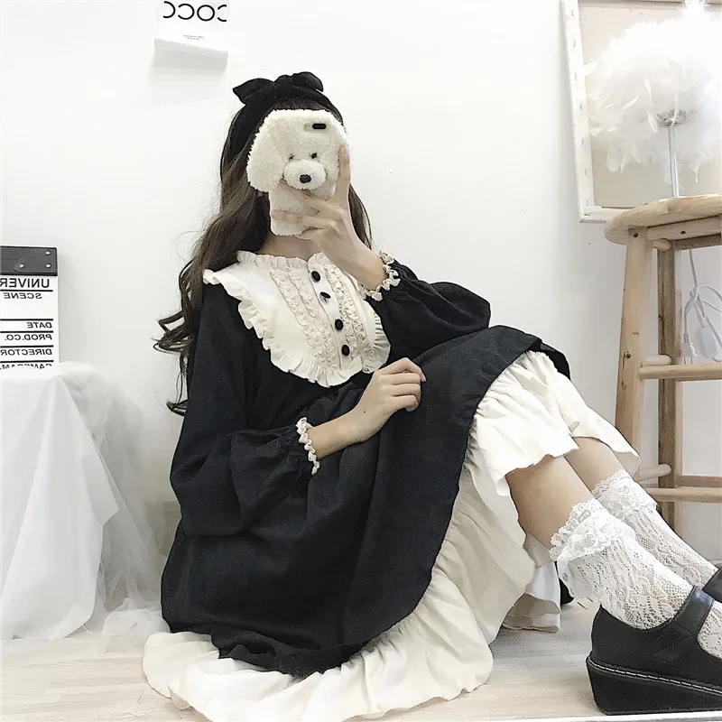 Japonų Stiliaus 2020 M. Rudenį Moterų Suknelės, O-Kaklo Aukštos Juosmens Lieknėjimo Kontrasto Spalvų Susiėmę Saldus Lolita Dress Kawaii Drabužiai