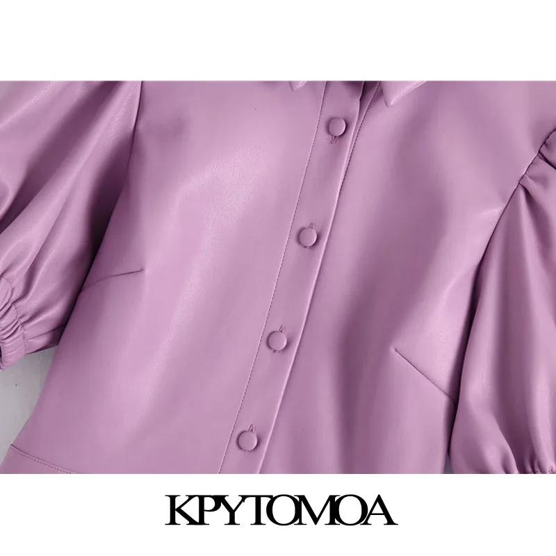 KPYTOMOA Moterų 2020 M. Elegantiškos Mados Su Elastinga Apdaila Dirbtiniais Odos Mini Suknelė Vintage Sluoksniuotos Rankovėmis Mygtuką-iki Moterų Suknelės Mujer