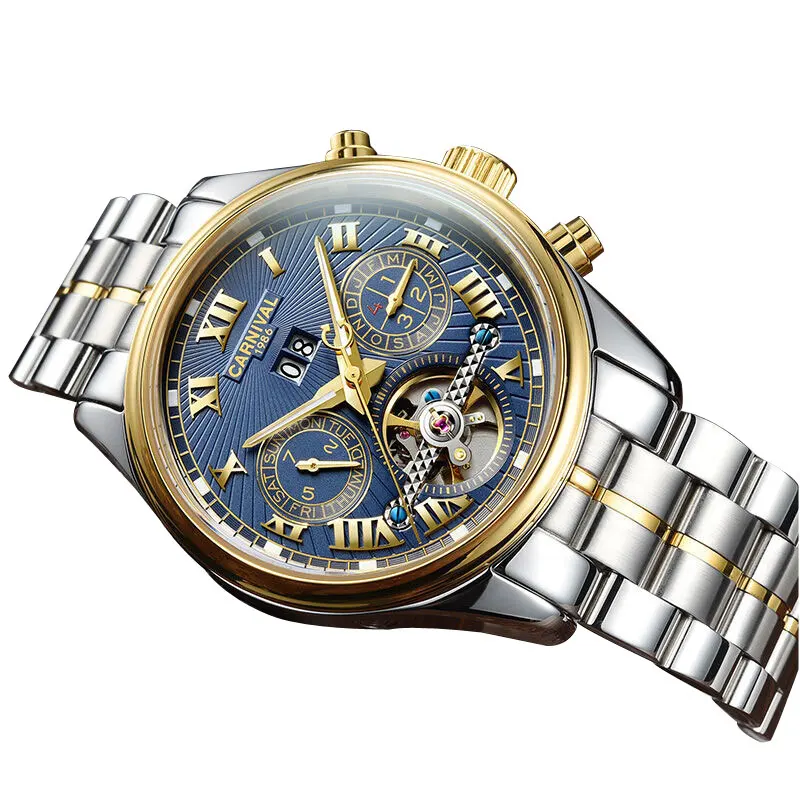 Karnavalas Mens Daugiafunkcį Holllow-iš Dial Plieno Watchband Automatinė Savarankiškai Vėjo Mechaninė Watch - gold bezel blue dial