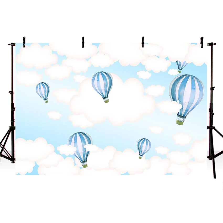 Karšto Oro Balionas Fone Vaikams Gimtadienio Mėlynas Dangus ir Balti Debesys Berniukas Baby Shower Naujagimių Fotografijos Fone Tortas Rekvizitai