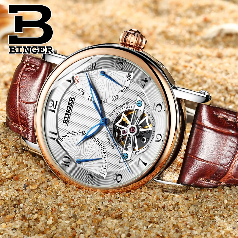 Laikrodžiai Vyrams Šveicarija prabangos prekės BINGER verslo sapphire atsparus Vandeniui Odinis Dirželis Mechaninė vyriški Laikrodžiai B-1172-4