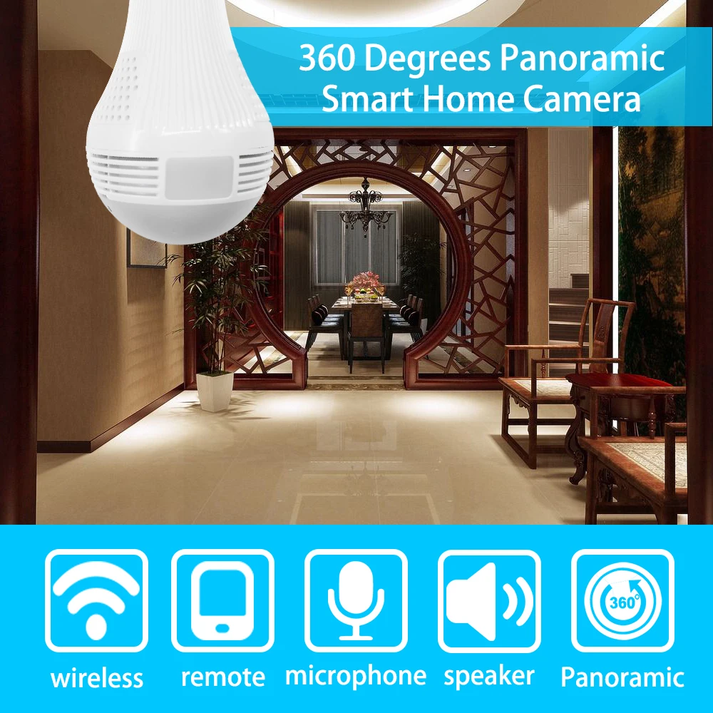Lemputė Šviesos Belaidžių IP VR vaizdo Kamera FishEye 960P/1080P/3MP 360 laipsnių 3D Baby Monitor Home Security WiFi Kamera, Panoraminis