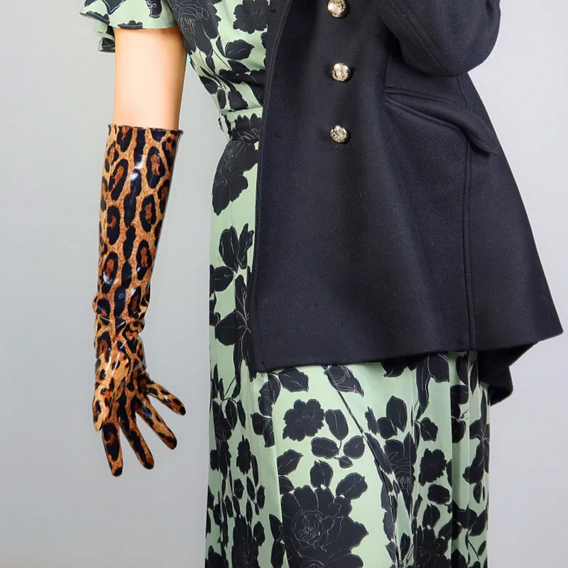 Leopard Ilgas Pirštines 50cm Moterų Dirbtiniais Odinis Šviesus Lakinės Odos Moterų Odos Pirštinės Ruda Leopard Slim Vertus WPU288