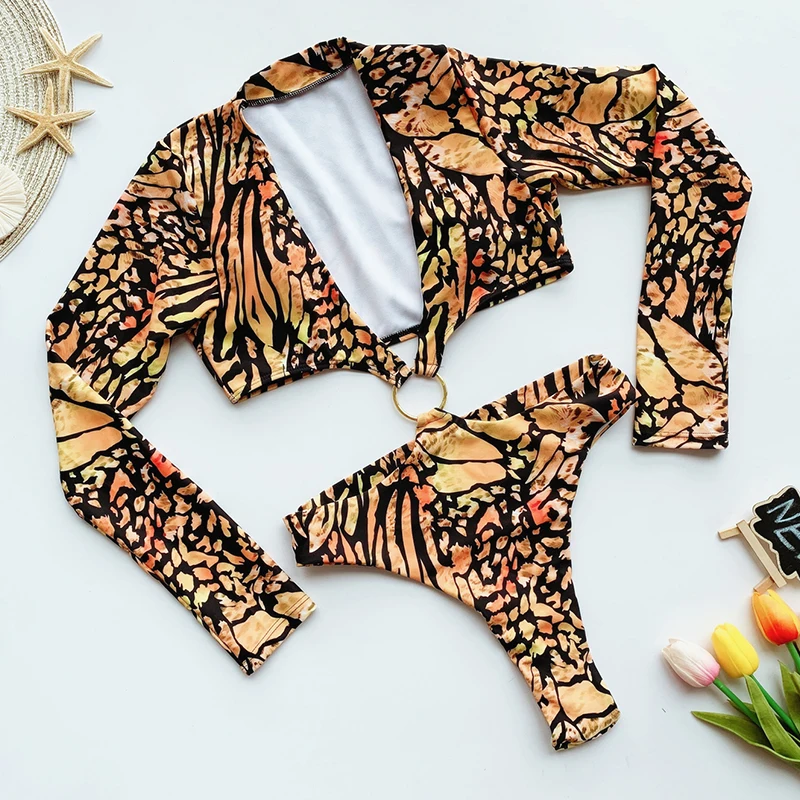 Leopardas spausdinti Brazilijos bikini thong ilgomis rankovėmis plaukimo kostiumas moterims bodysuits vientisi maudymosi kostiumėliai, moterų monokini 2020 naujas