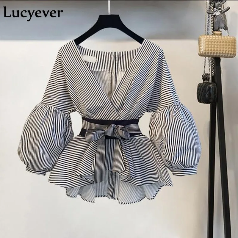 Lucyever Seksualus v-kaklo, moterims dviejų dalių rinkiniai mados pavasario tunika dryžuotas marškinėliai & juodos kelnės ponios komplektus korėjos kostiumas plius dydis