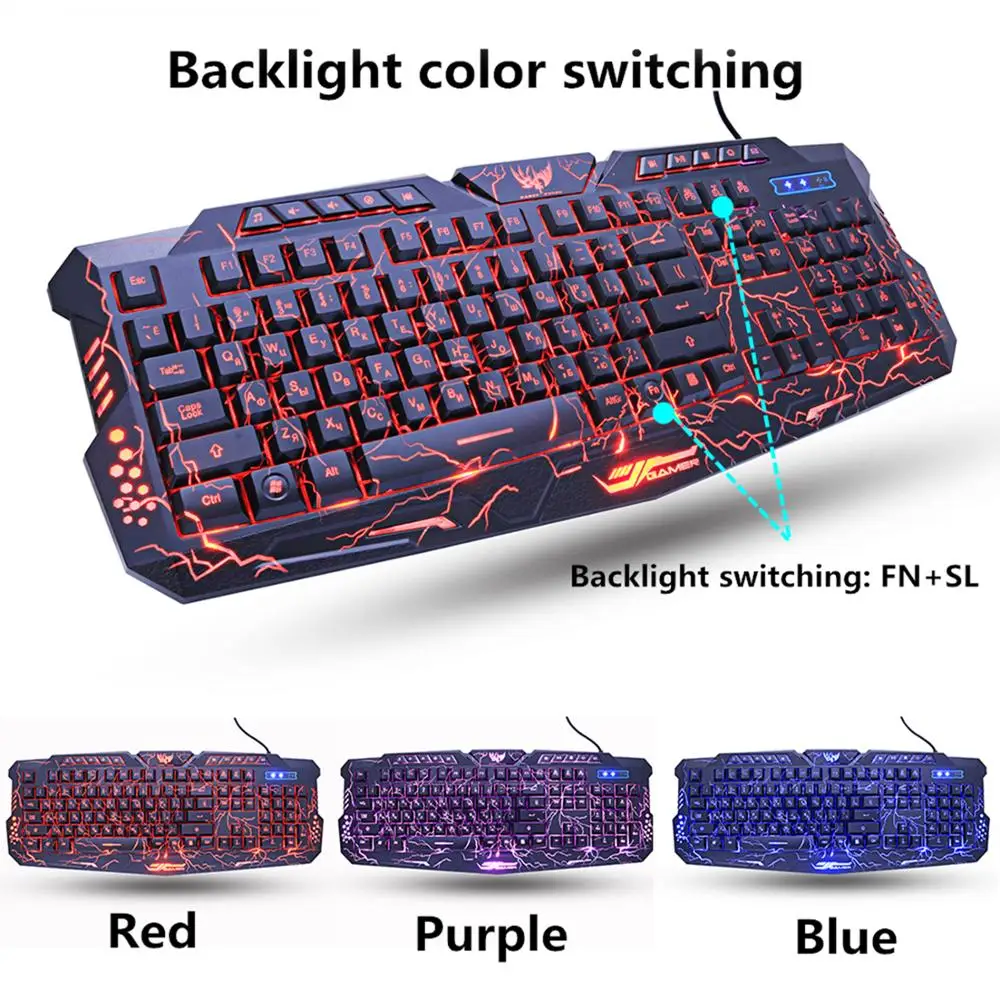 M200 rusų/anglų Žaidimų Klaviatūra USB Laidinio Violetinė/Mėlyna/Raudona LED Kvėpavimo Šviesą Pro Žaidimų Klaviatūra, Pelė Combo