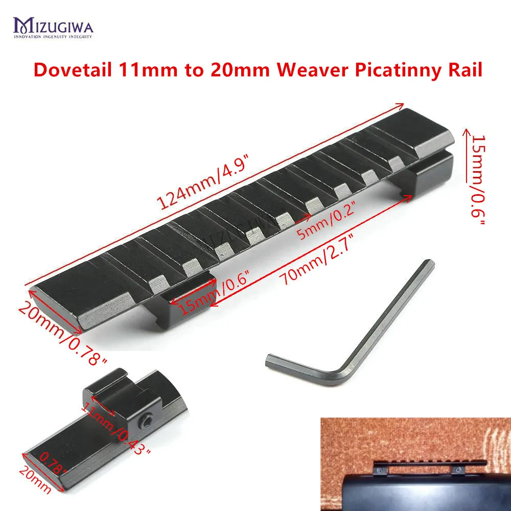 MIZUGIWA taikymo Sritis Mount Suderinta 11mm iki 20mm Weaver Picatinny Rail Adapteris Pratęsti Mount 10 Slots 124mm Pistoletas Striukės Šautuvas