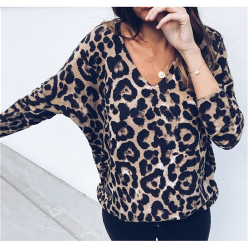 Mados Gyvūnų Leopardas Spausdinti Prarasti Palaidinė Moterims Seksualus Long Sleeve V-Kaklo Tampus Elegantiškas Marškinėliai, Topai