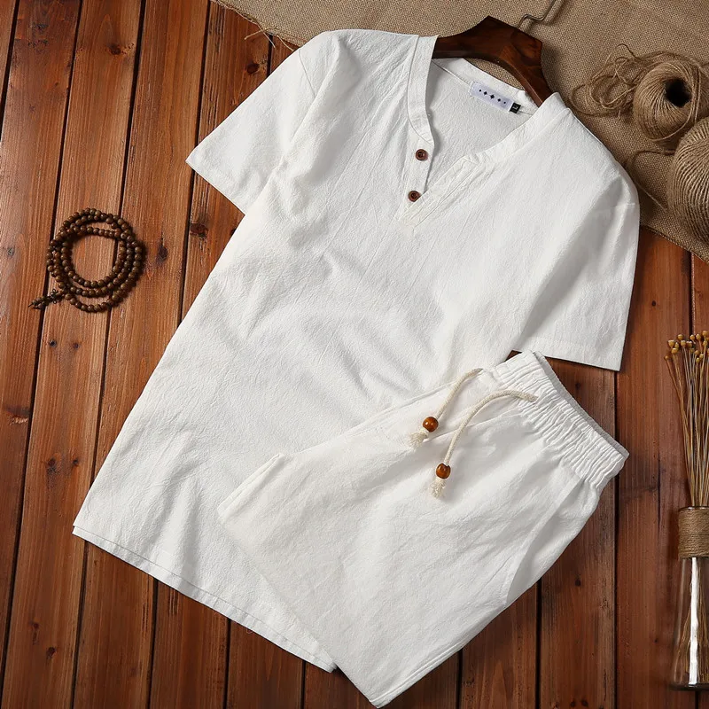(Marškinėliai + šortai) 2019 m. vasarą vyrams marškinius Vyras Medvilnės ir lino marškiniai trumpomis rankovėmis vyrų mados atsitiktinis marškinėliai vyrams dydis M iki 5XL