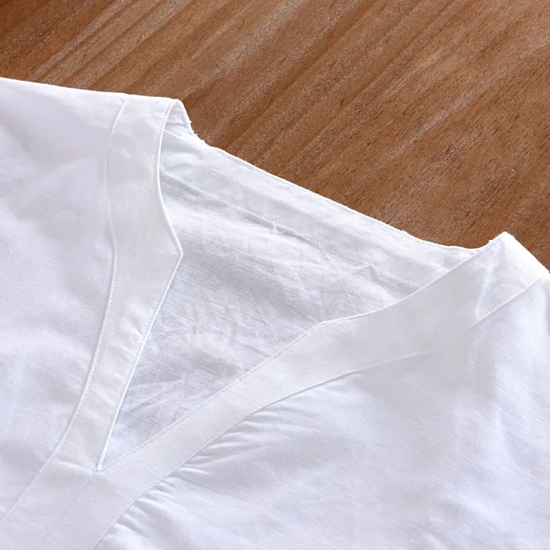 Mens V-Kaklo Trys Ketvirtį Rankovės Lininius Marškinius Kinijos Vintage Stiliaus Mens Rankovėmis Marškinėliai Kieto Spalvų Vasarą Baltu Paplūdimio Drabužiai