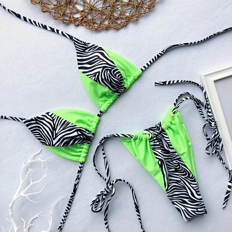 Micro Bikini, Trikampio Seksualus Maudymosi Kostiumėlį, Thong Kratinys Maudymosi Kostiumėliai, Įžūlus Bikini Thong Strappy Maudymosi Kostiumėlį, Leopardas Bikini Neoninė Žalia