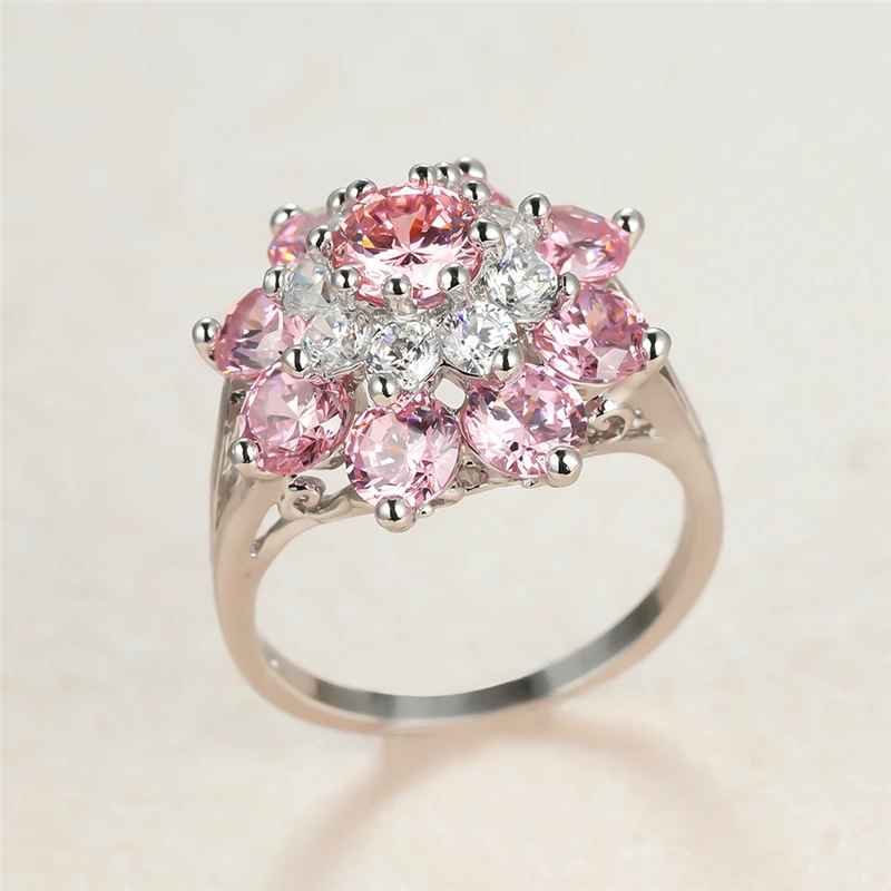 Mielas Moteriška Rožinė Kristalų Akmens Žiedas, Žavesio Sidabro Spalvos Didelis Vestuvinių Žiedų Moterims Žada Gėlių Cirkonis Vestuvinis Žiedas