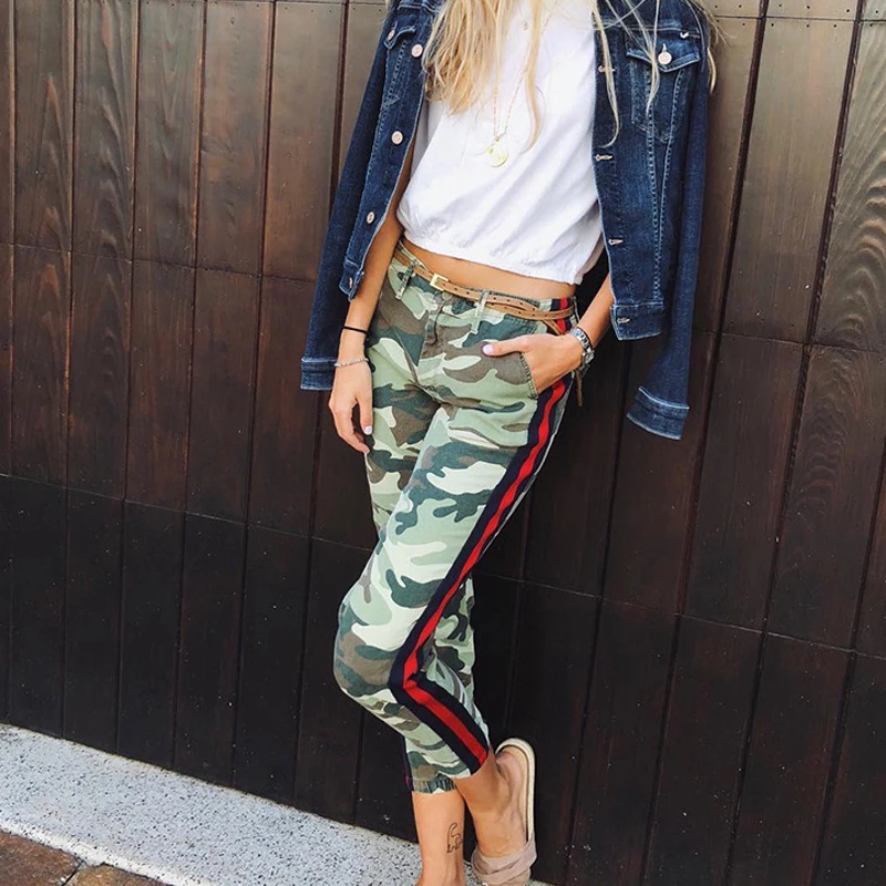 Moterų Kamufliažas Džinsai Su Pusė Dryžuota Jeans Woman Džinsus 2018 m. Vasaros Kelnės Cool Denim Derliaus Tiesūs Džinsai streetwear naujas
