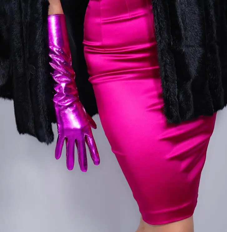 Moterų blizgios purpurinės spalvos dirbtiniais pu odos ilgas pirštines moterų sexy klubo šalis suknelė mados ilgos pirštinės 40cm R1574