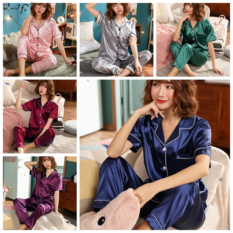 Moterų Šilko Satino Pižama Pižama Rinkiniai Sleepwear Trumpas Rankovės Viršuje+Ilgas Kelnes Pižama Namų Drabužių Pyjama Naktį Kostiumas