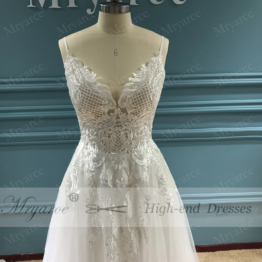 Mryarce Vestuvių Suknelė 2019 Nėrinių Appliques Tiulio A-Line Bridal Suknelės Spagečiai Dirželiai vestido de noiva