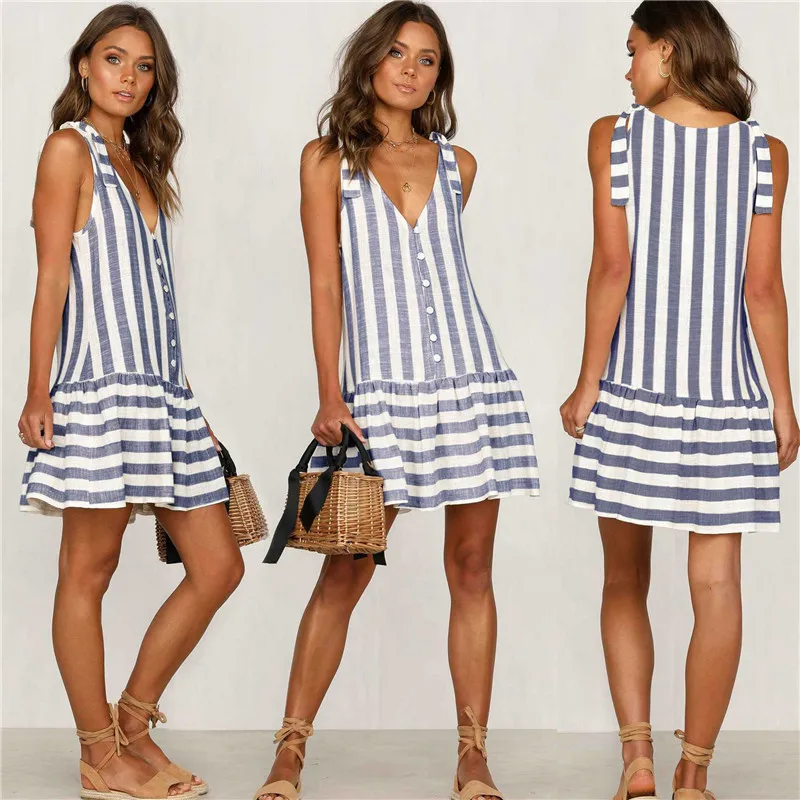 NORMOV 2019 m. Vasarą Moterys Mėlyna Balta Dryžuotas Atspausdinta Suknelės Mygtuką V-Kaklo, Rankovių Atsitiktinis Mini Suknelė Prarasti Paplūdimys Plue Dydis