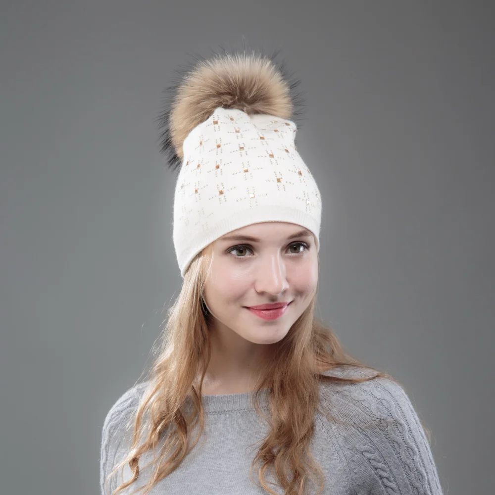 Naujas moterų kašmyro vilnos pompom žiemos skrybėlės beanies prabanga bling kristalų dekoruoti nekilnojamojo audinės kailio pompom žiemos skrybėlę