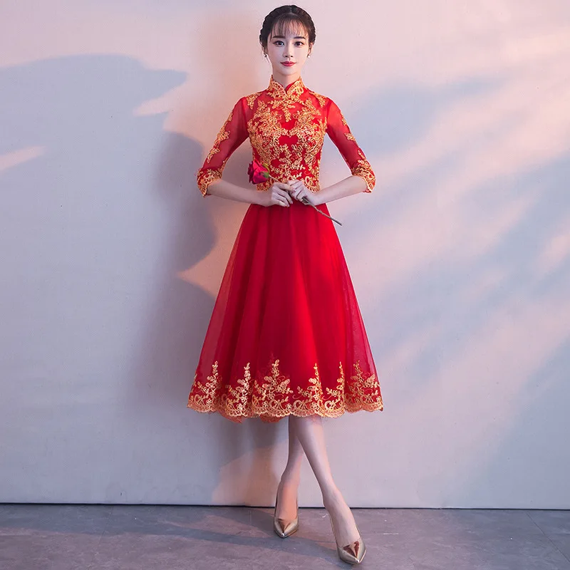Naujovė Kinijos Moterų Ilgai Qipao Santuokos Drabužių RAUDONA Rytų, Nuotaka, Vestuvinė Suknelė, Elegantiškas Plonas Mandarinų Apykaklės Cheongsam