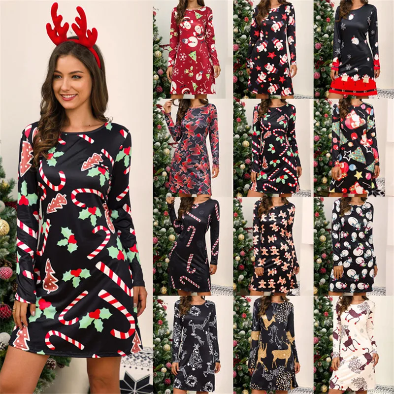 Naujųjų Metų Šalis Suknelė 2020 M. Rudens Žiemos Moterys Ilgomis Rankovėmis Spausdinti Prarasti Atsitiktinis Mini Suknelė Elegantiškas Saldus Kalėdų Suknelės Vestidos